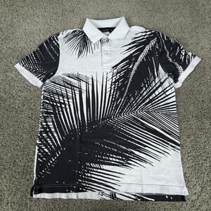 Nautica Shirt Mens Medium White Black Hawaiian Palm Leaf Big Print Cotton Polo